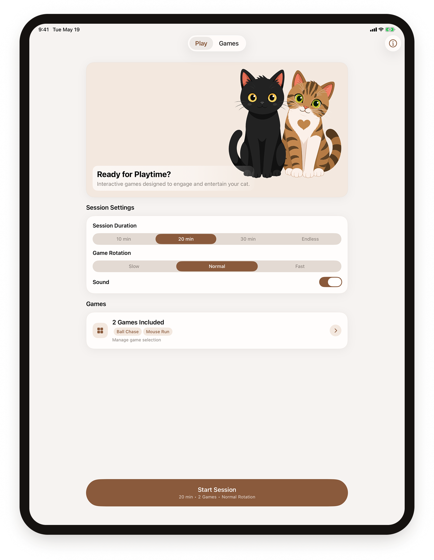 PurrPlay playtime setup screen on iPad