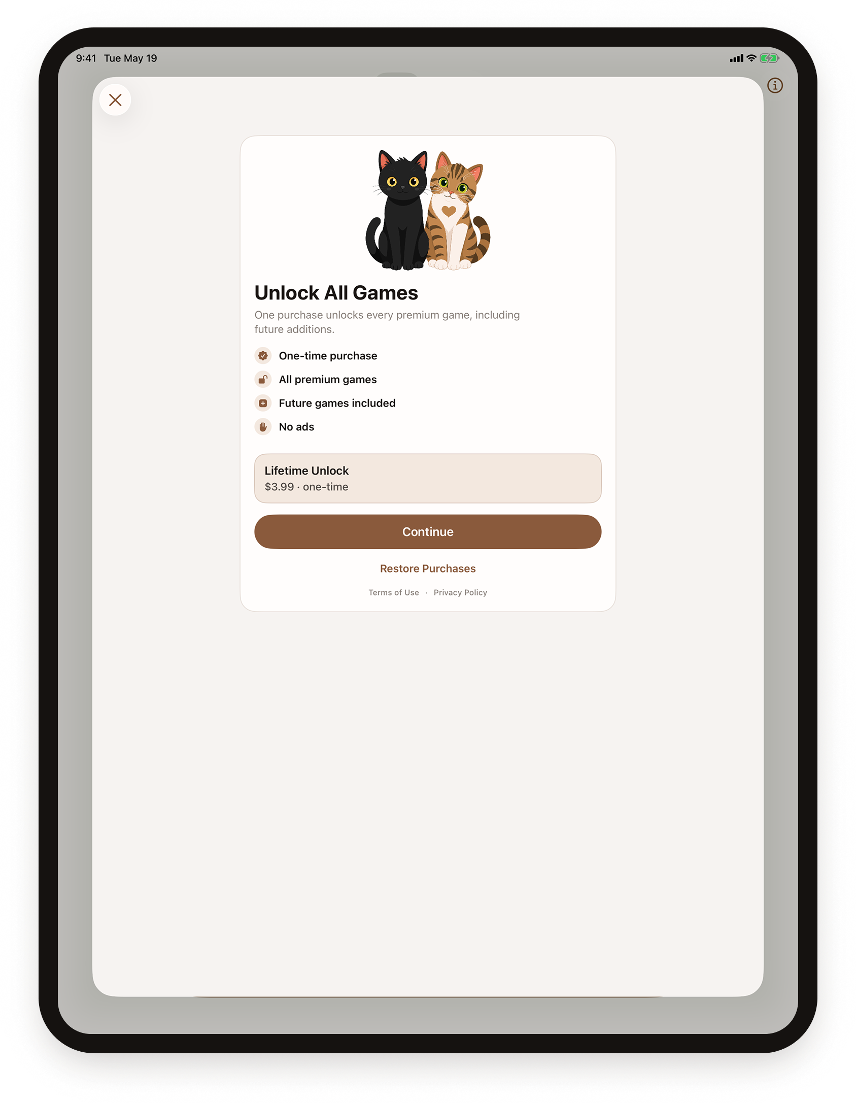 PurrPlay lifetime unlock screen on iPad